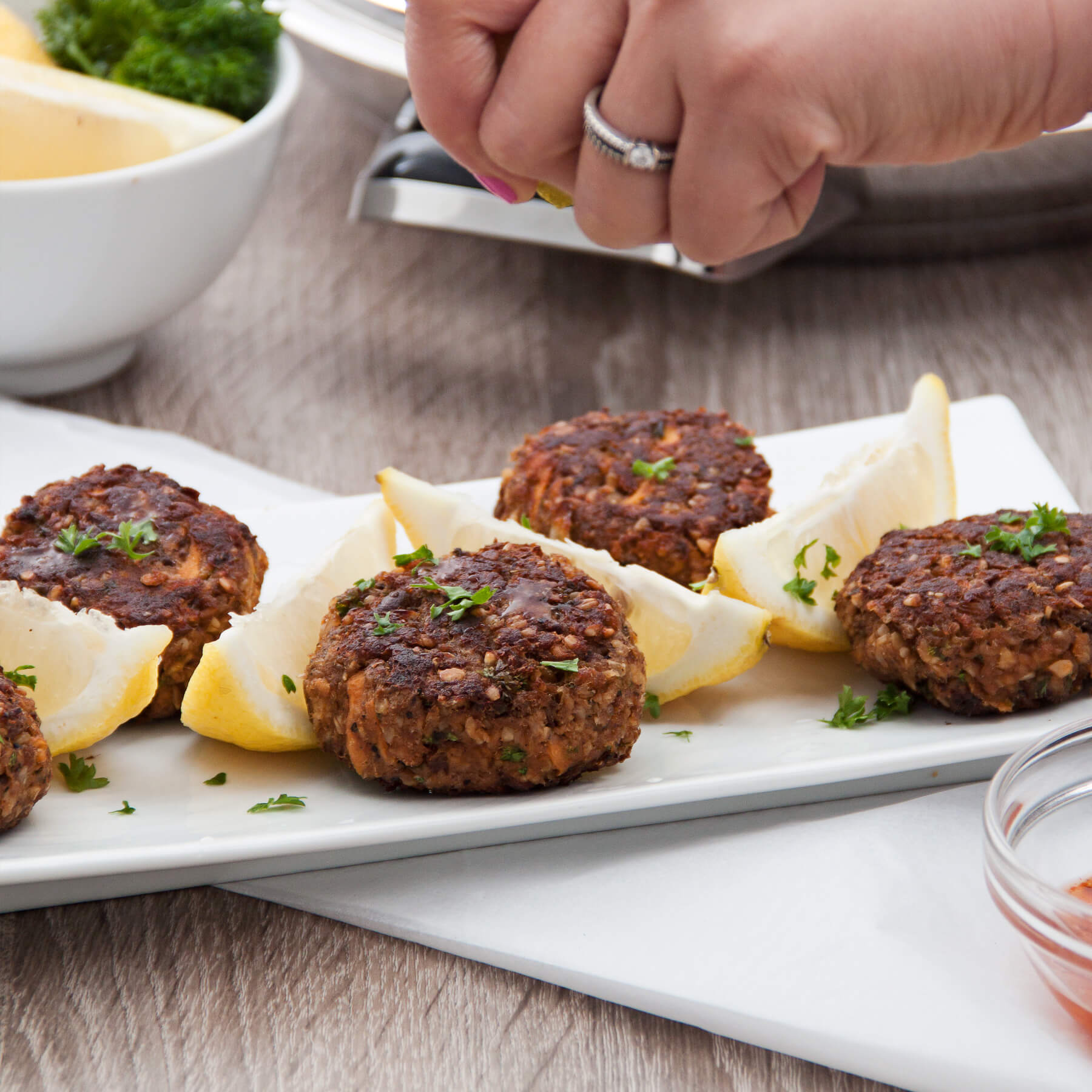 low gi fish cakes, squeeze of lemon